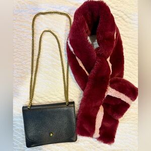 Anthropologie Faux Fur Scarf Wrap  & Madewell Black Leather bag With Brass EUC